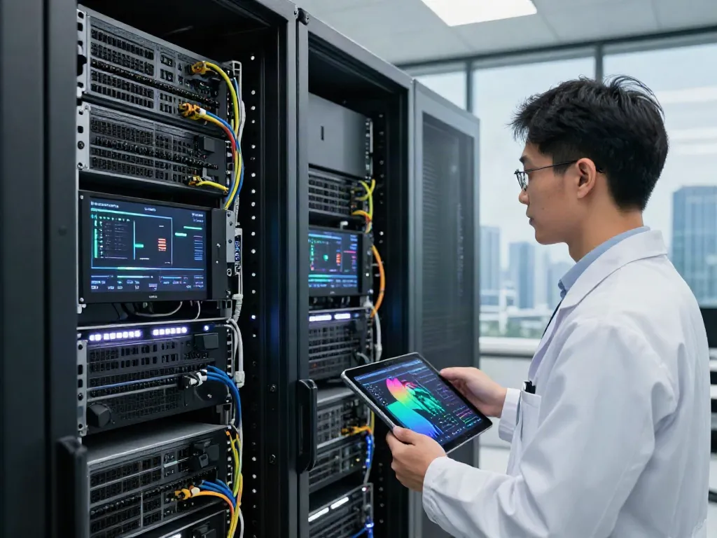 Technician evaluating AI infrastructure in a modern server room with advanced GPU servers.