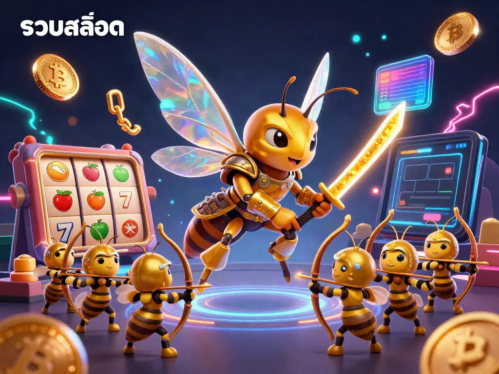 Experience dynamic casino action while exploring รวมสล็อต with a golden hornet character and loyalty bees, surrounded by exciting game elements.