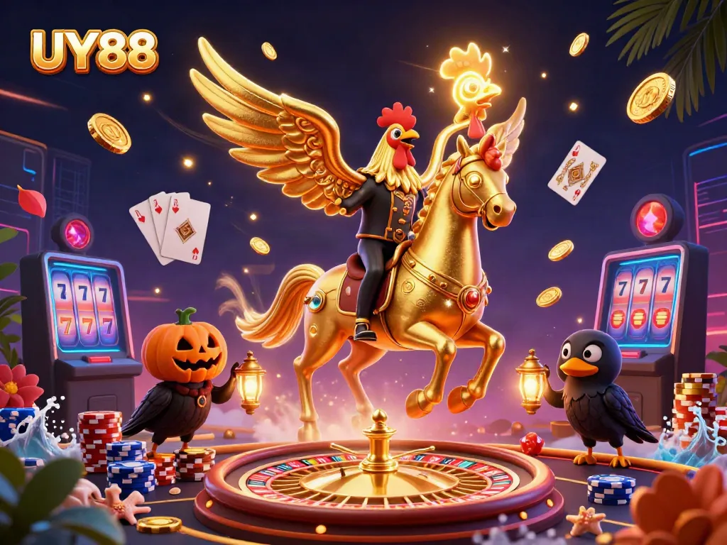 Experience vibrant online gaming at UY88 with golden coins and dramatic casino elements.