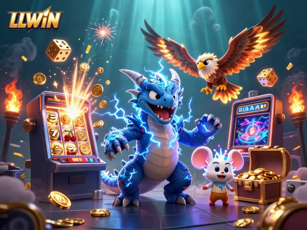 Experience thrilling jackpots at LLWIN with a dynamic 3D casino scene featuring dragon and hawk characters.