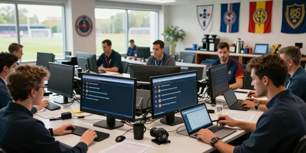 Dynamic newsroom focusing on ข่าวตลาดซื้อขายนักเตะ with journalists tracking player transfers live.