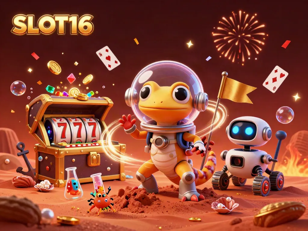 SLOT16 showcases a Martian gecko in a gold casino with dynamic gaming elements.