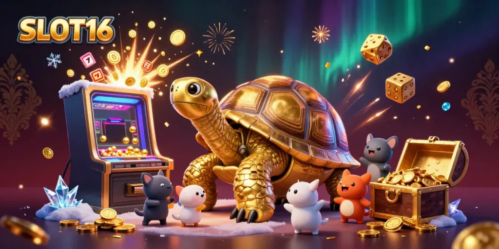 SLOT16 showcases an exciting gambling scene with vibrant slot machine and celebratory elements, featuring a golden tortoise and animated animals.