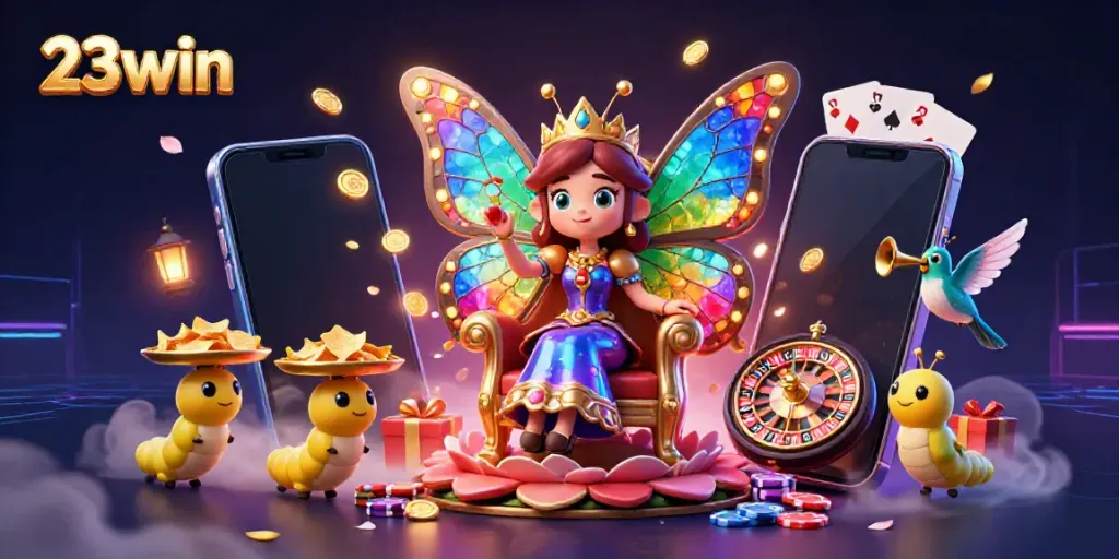 Experience the exciting world of 23win with vibrant characters and casino-themed elements.