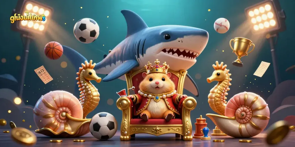 Experience ดูหนังออนไลน์ฟรี with a regal hamster king in a vibrant casino-themed underwater world.