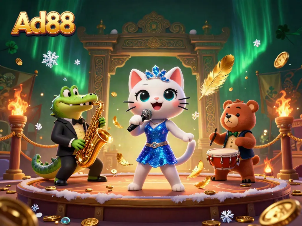 Engage with the exciting casino scene of Ad88 featuring a singing cat, saxophone crocodile, and drum bear