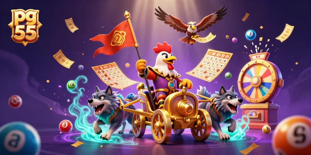 Experience the thrill of pg 55 casino games with vibrant lottery elements in a dynamic scene.