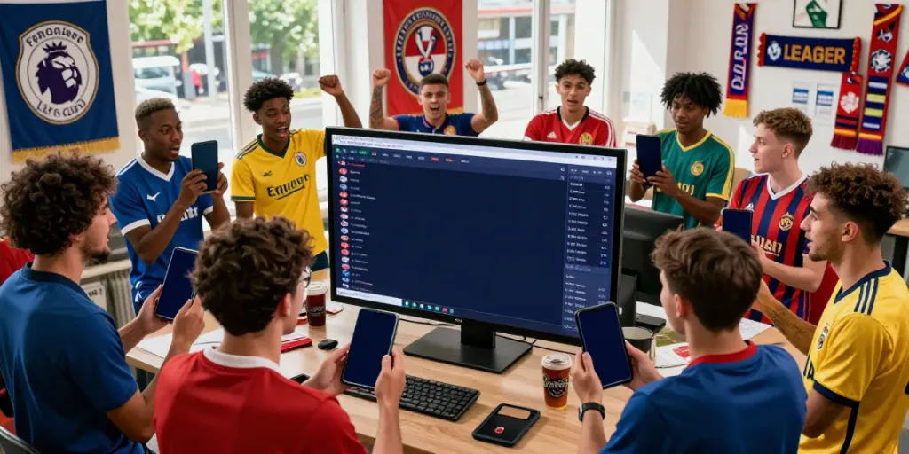 ข่าวตลาดซื้อขายนักเตะ scene with fans excitedly engaging in football transfer updates in a vibrant setting.