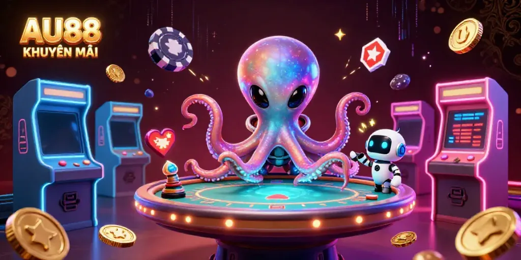 Engage with AU88 KHUYẾN MÃI while interacting with a vibrant alien casino scene.