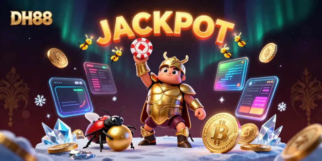 Join the victory at DH88 as a heroic beetle celebrates a jackpot in a vibrant, dynamic casino scene.