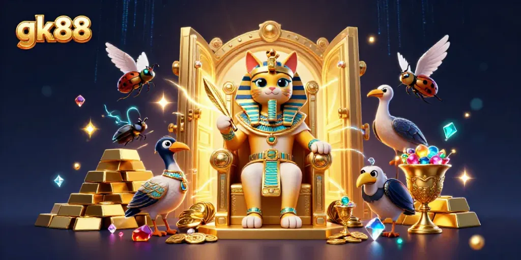 Experience excitement at gk88 with a pharaoh cat surrounded by treasure and gaming elements in a vibrant casino setting.