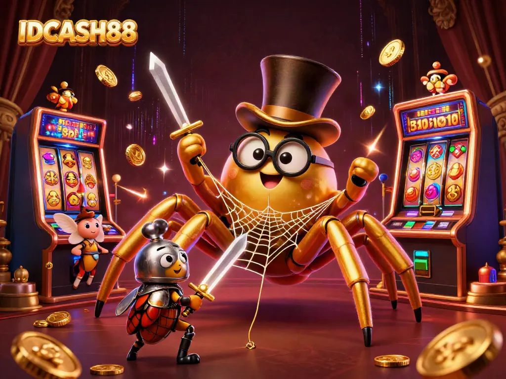 Experience the thrilling world of IDCASH88, featuring ornate slot reels and vibrant gold coins amidst a lively casino scene.