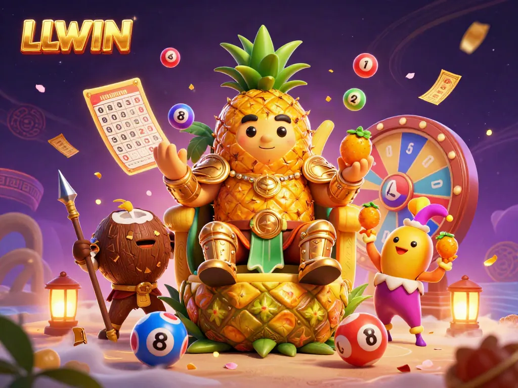 Experience dynamic gaming action at LLWIN casino with a golden pineapple king and lively characters in a vibrant setting.