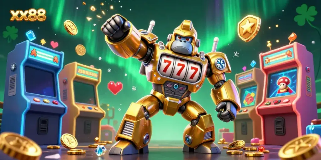 Experience the vibrant world of xx88 with a dynamic, action-packed 3D illustration of a golden gorilla mech amid casino elements.