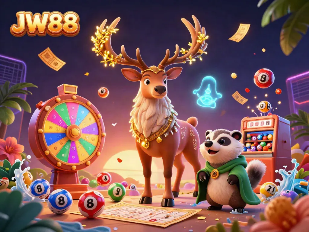 Experience the vibrant world of JW88 with a dynamic 3D illustration of games and festivities.