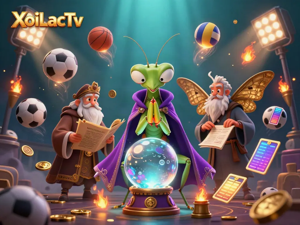 Experience thrilling moments at XoiLacTv with a cartoon praying mantis fortune teller and sports elements.