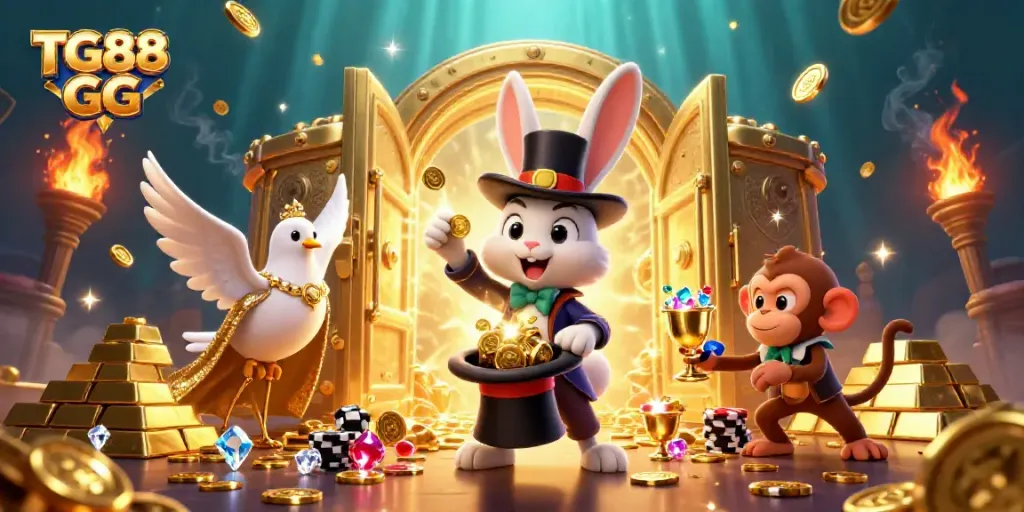 Experience laughter and magic with TG88 GG's enchanting casino scene featuring playful characters.
