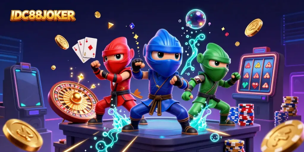 Experience thrilling gameplay with IDC88JOKER featuring a ninja chameleon team in a vibrant 3D illustration.