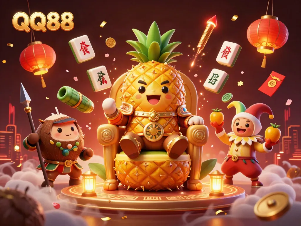 Experience the vibrant excitement of QQ88 with a golden pineapple king surrounded by symbols of luck and fortune in a festive casino.