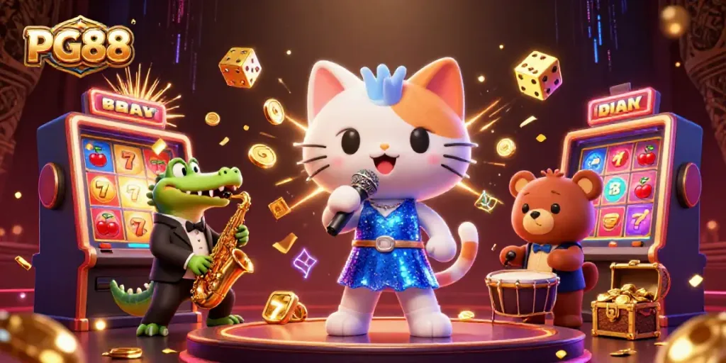 Experience the vibrant world of PG88 with cartoon characters celebrating at a casino stage surrounded by jackpots.