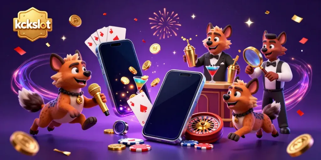 Lihat slot game kckslot di kasino ceria dengan karakter hyena menghibur dan mencampur minuman.