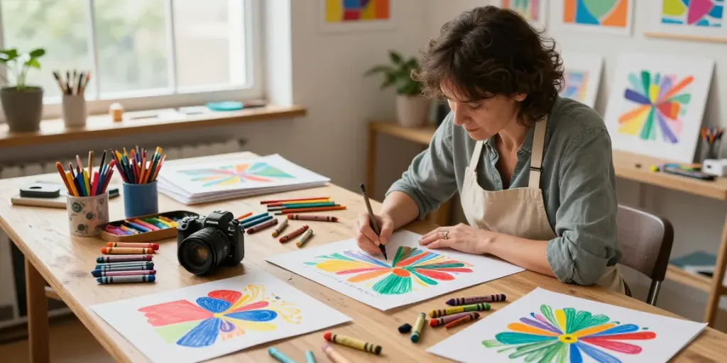 Artist using crayons in a vibrant art studio, showcasing crayon manufacturer products.