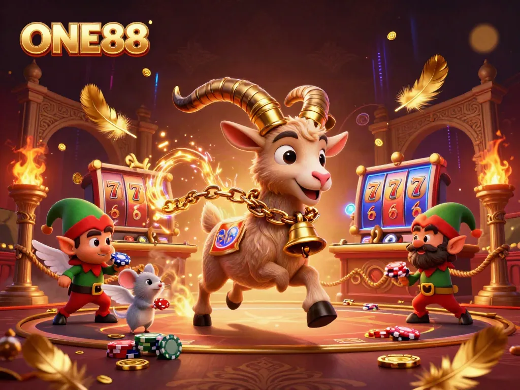 ONE88 Holiday-Horror Casino: Krampus goat, angel mouse, and greedy gremlins amidst festive chaos.