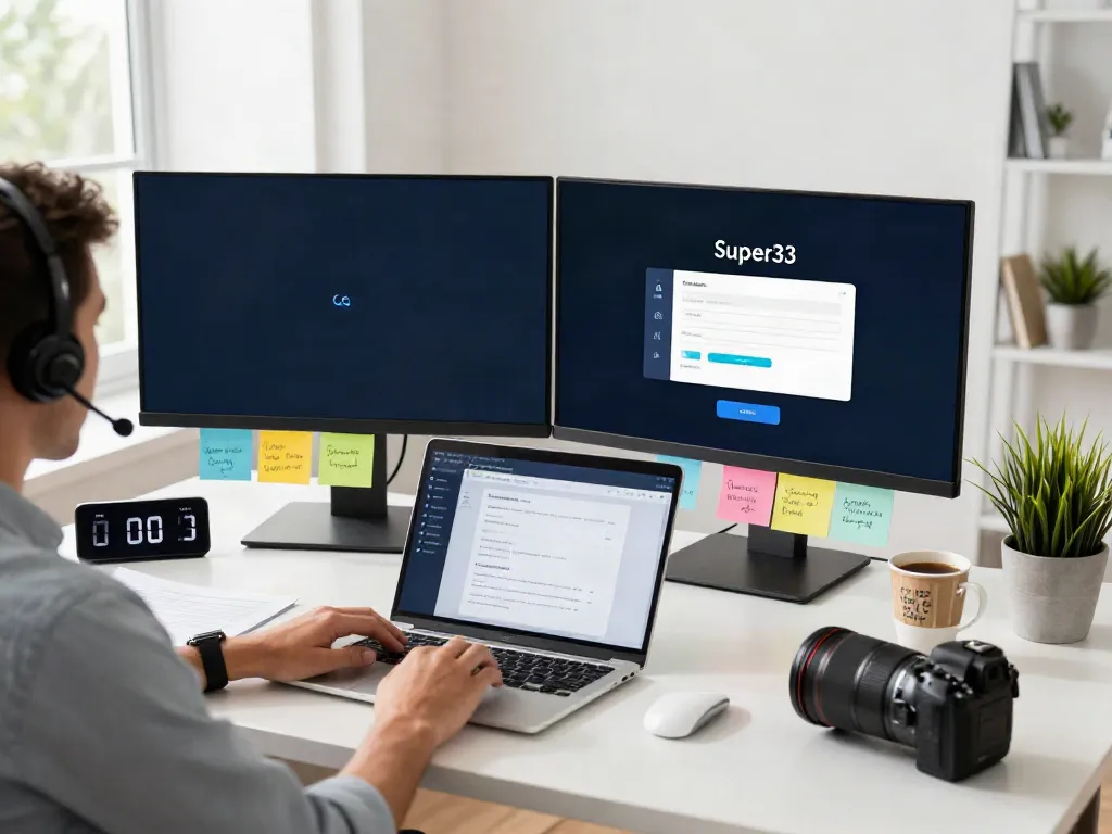 Secure Super33 login interface displayed on dual monitors in a modern workspace.
