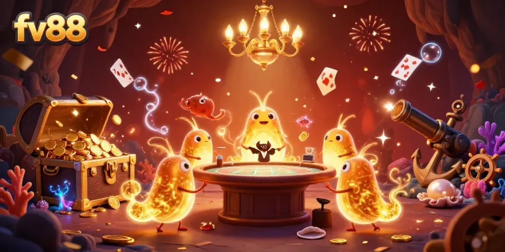 Experience the lively gameplay at fv88 with glowworms illuminating a vibrant 3D casino.