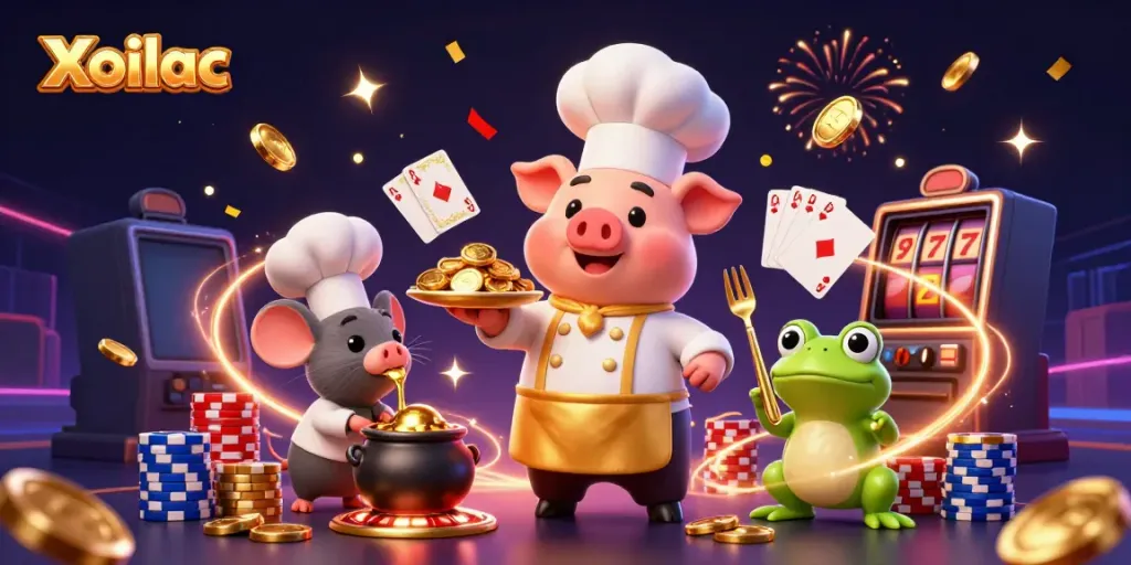 Experience the thrill of Xoilac's animated casino scene with chef pig serving gold coins in a vibrant setting.
