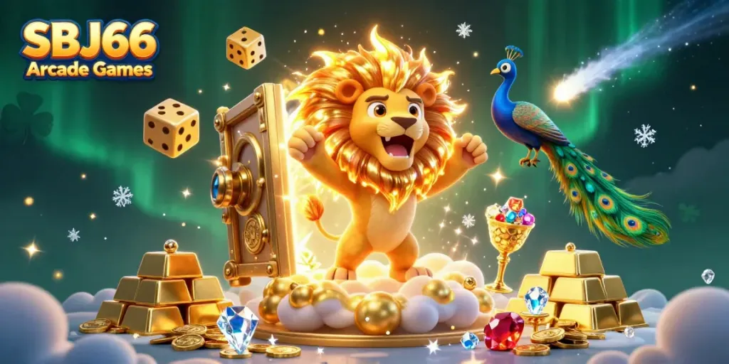 Engage with SBJ66 Arcade Games in an explosion of vibrant casino-themed visuals, featuring a roaring lion and dazzling rewards.