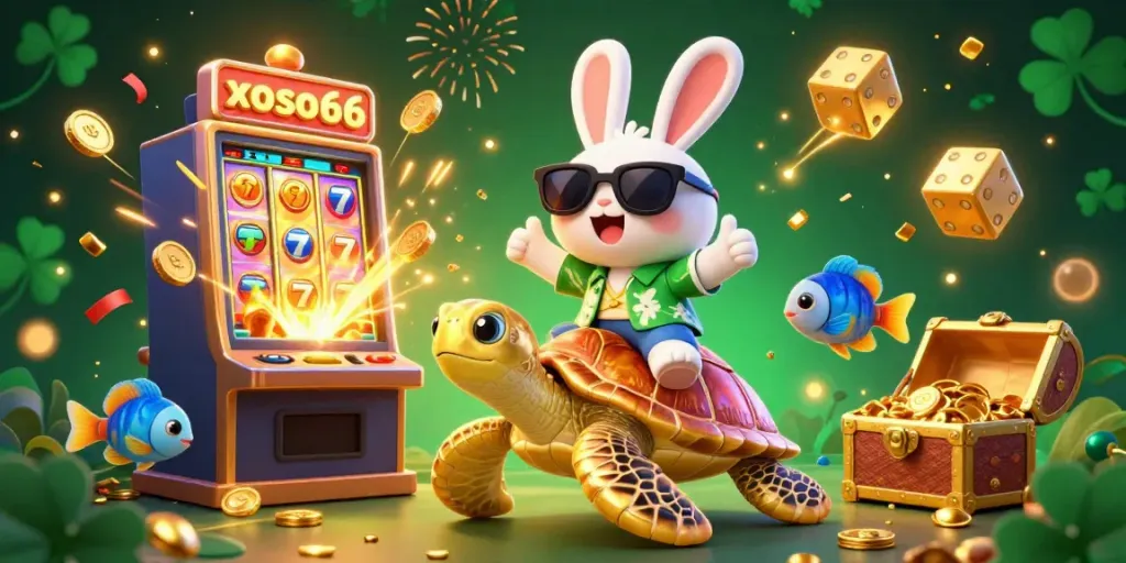 Engage with xoso66 offerings in this vivid 3D illustration showcasing an adventurous rabbit on a golden turtle amidst casino excitement.