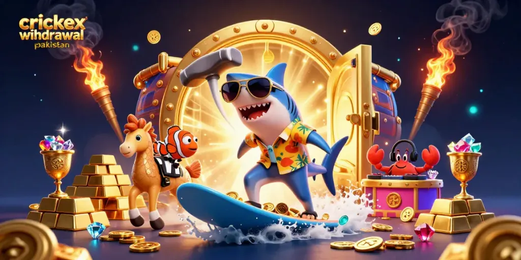 Experience crickex withdrawal pakistan with a fun and vibrant 3D casino scene featuring cartoon characters and gold coins.