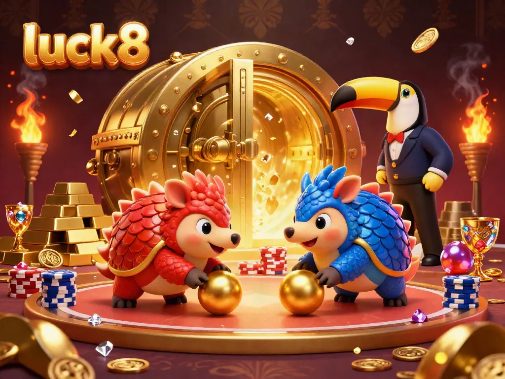Experience the thrill of luck8 as pangolins compete in a vibrant gambling scene filled with golden treasures.