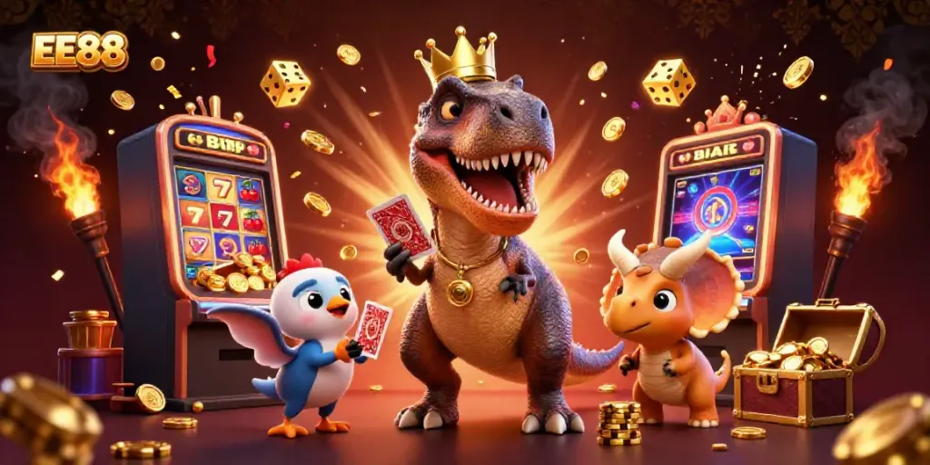 Experience the vibrant world of EE88 with a playful dinosaur hosting a casino party.