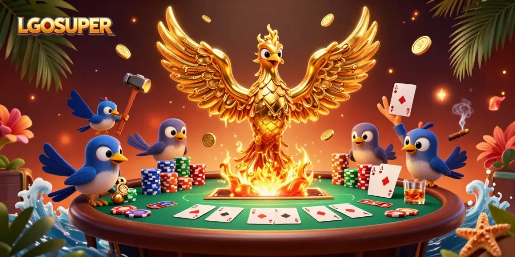 LGOSUPER showcases a molten metal phoenix and sparrows around a vibrant poker table, highlighting thrilling gameplay.