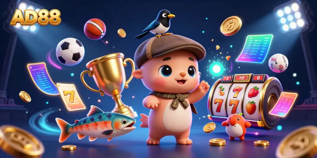 Experience the thrilling dynamics of AD88 with playful characters and vibrant gambling elements in action.