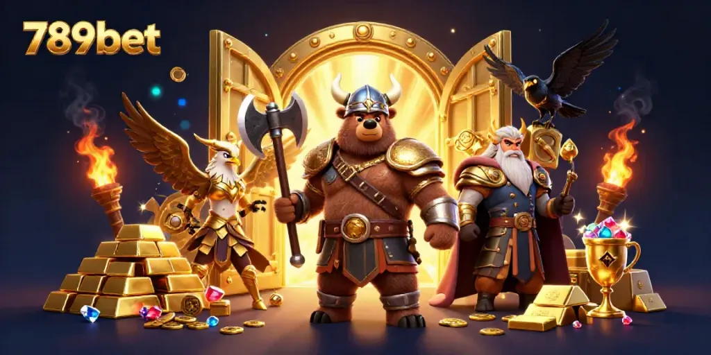Experience the thrill of winning with 789bet, featuring a Viking and Valkyrie in a magical casino illustration.
