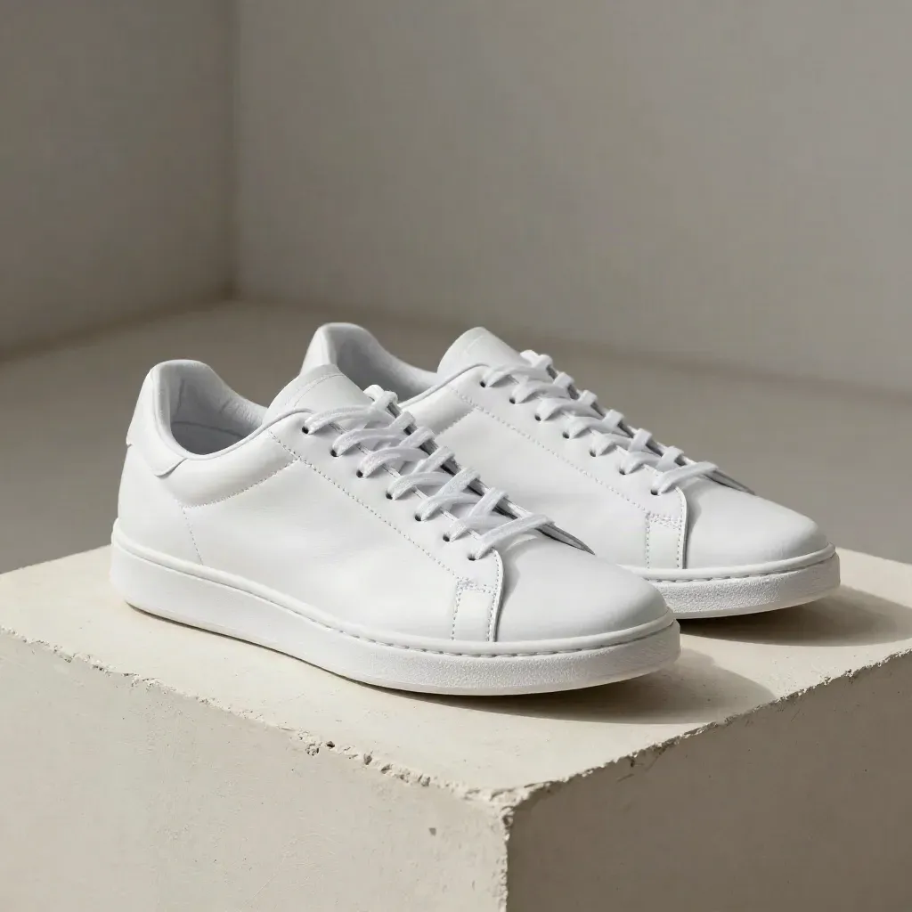White women’s court sneakers on a pale plaster block, softly lit in a clean macro product shot.
