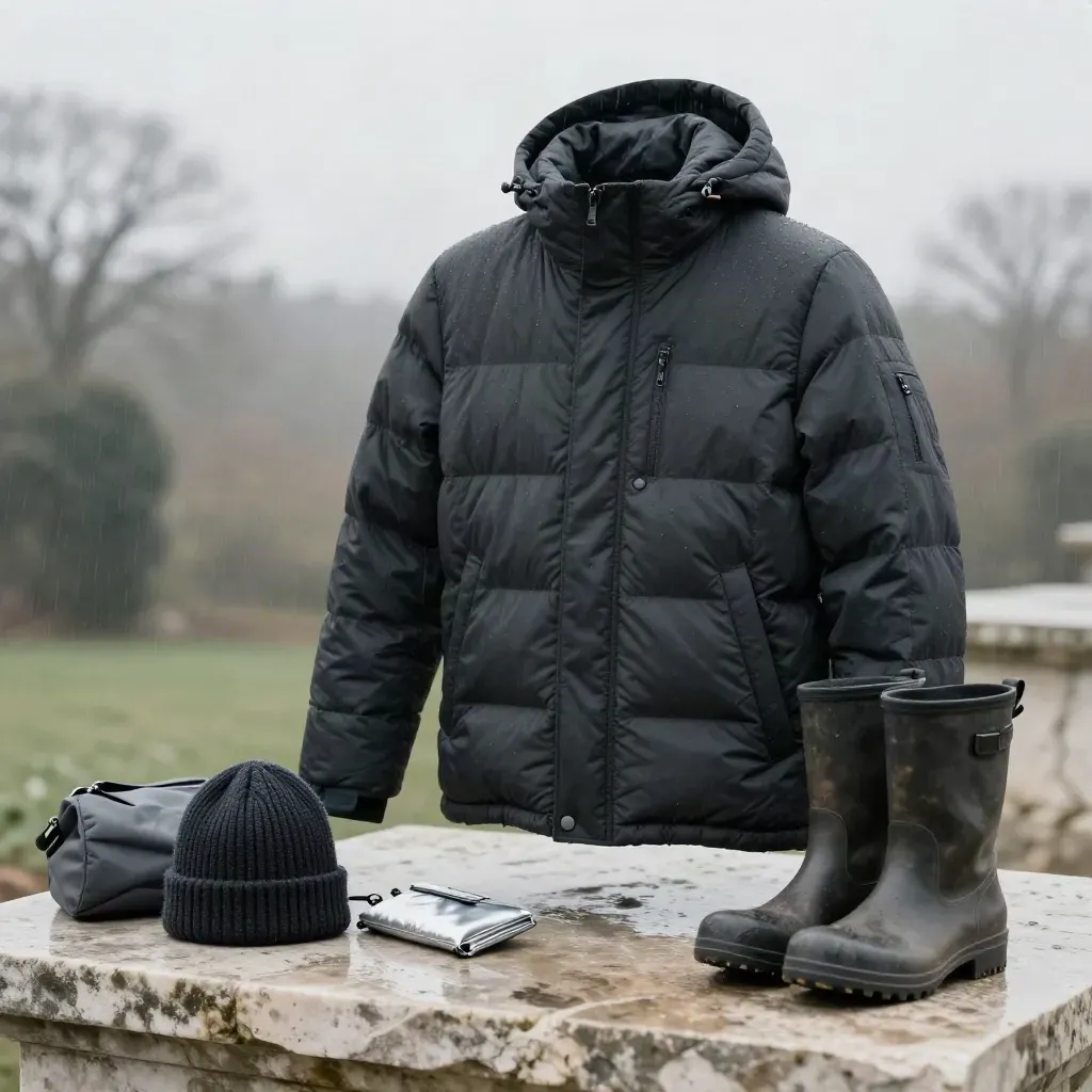 Charcoal quilted puffer jacket with beanie, duffel, boots and pouch on wet stone.