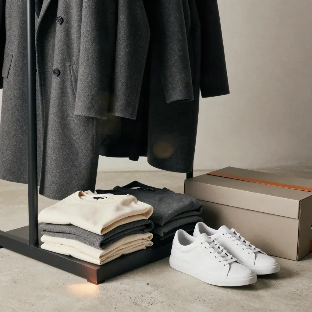 Unbranded coat, tees, trainers and box staged on concrete with orange accent.