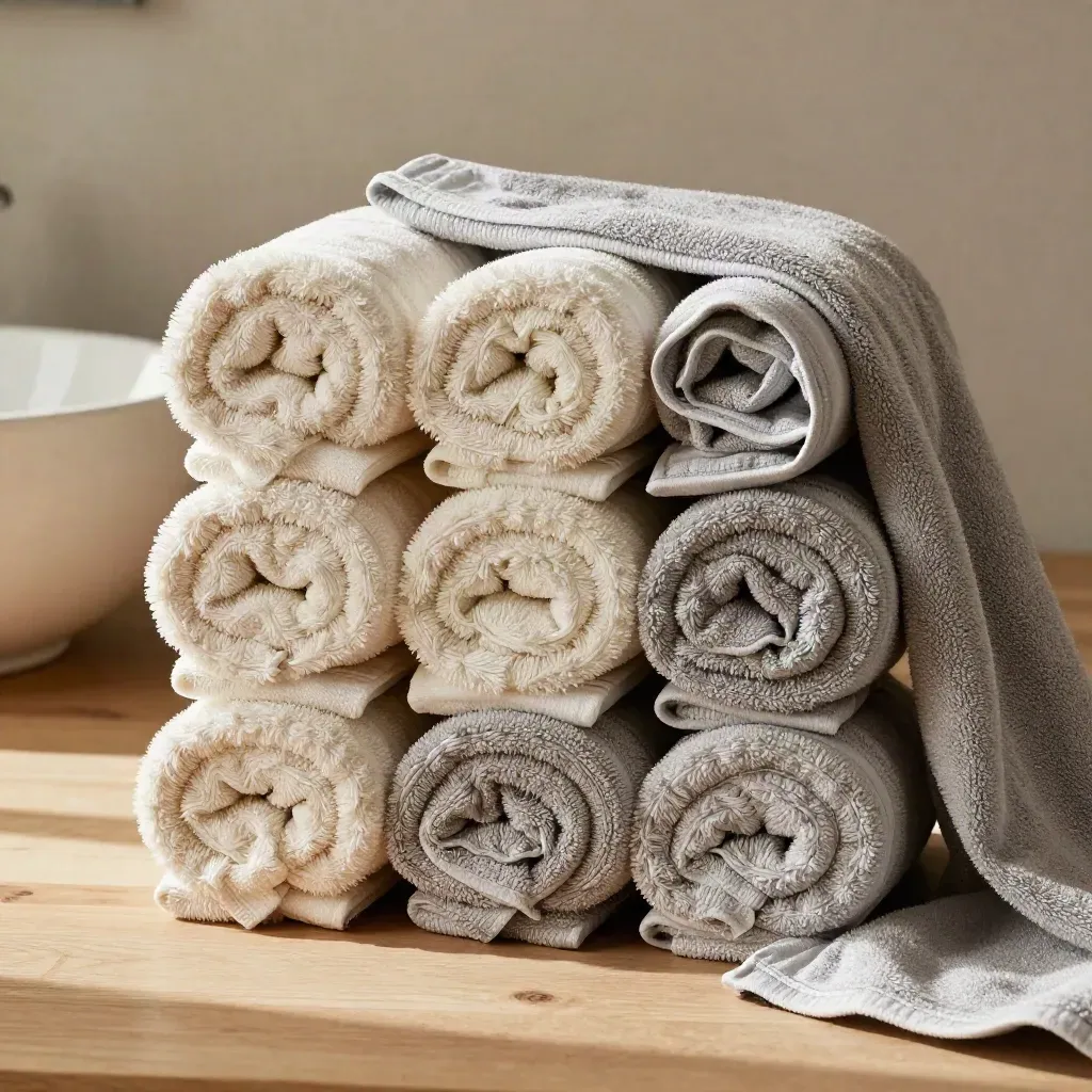 Overhead ivory towel set with basin on warm wood, softly lit with gentle steam.
