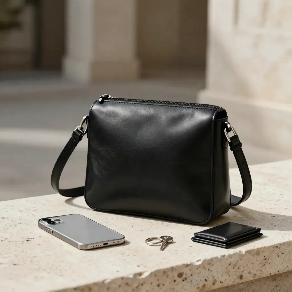 Black leather crossbody bag with phone case, key loop, and card holder on pale stone.