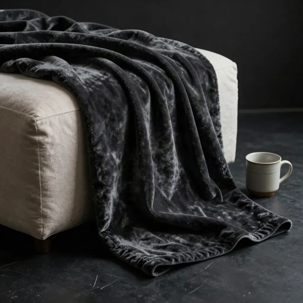 Charcoal velvet throw blanket draped over a plaster ottoman beside a linen cushion and ceramic mug.