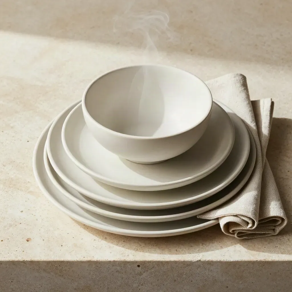 Overhead ceramic dinner set stack with linen napkins on pale stone, soft steam drifting.