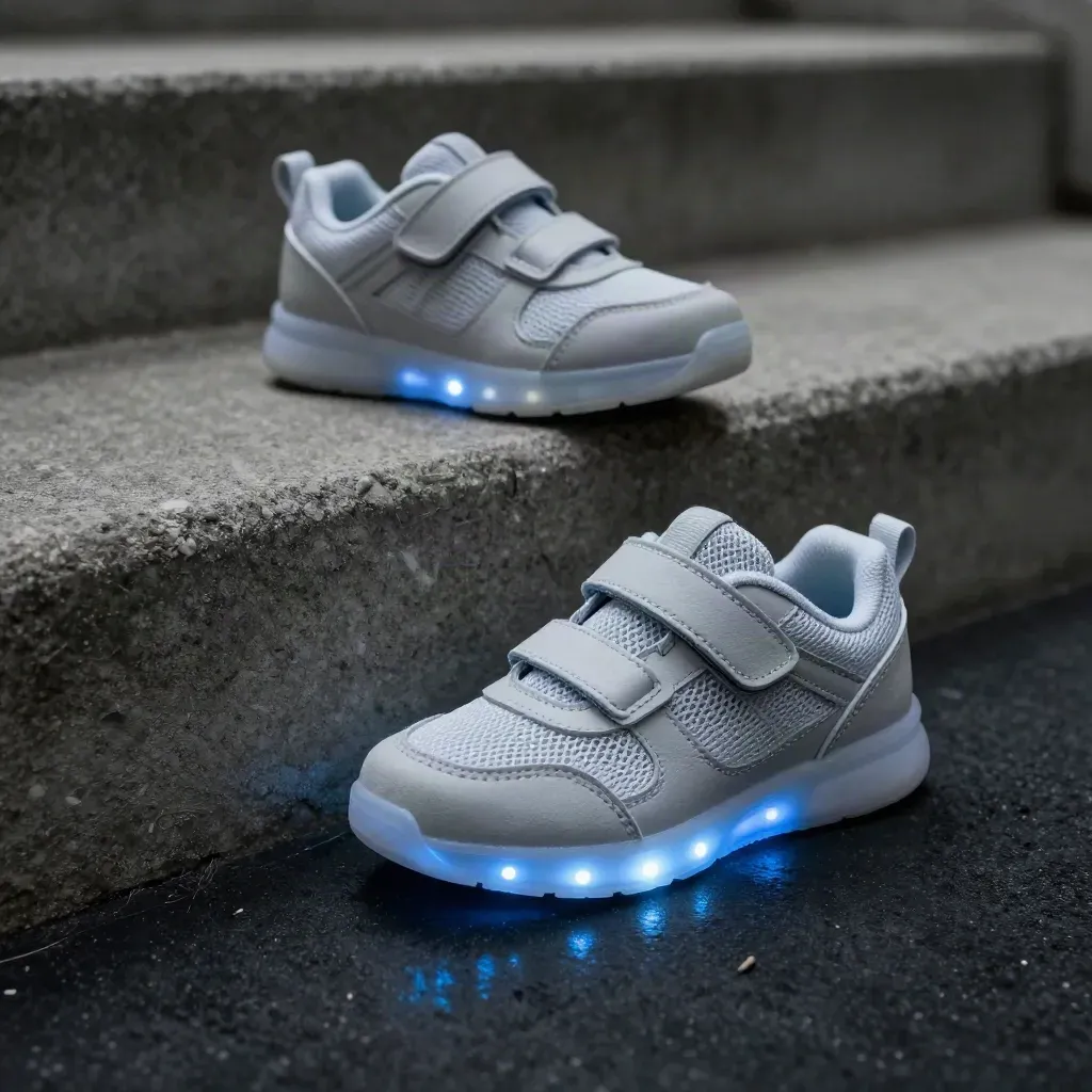 Light-up kids trainers on a concrete step, one sole glowing blue in a dark studio.