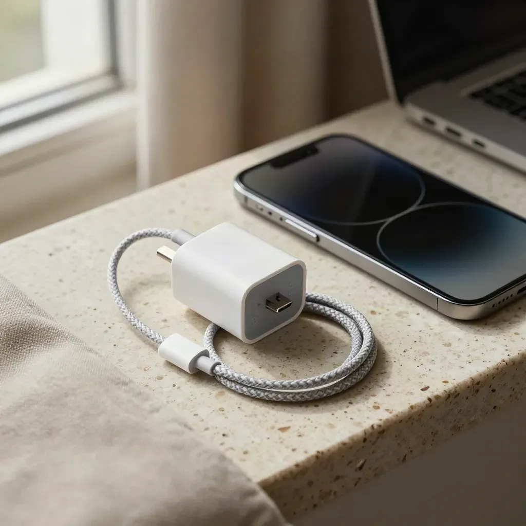 White charger with braided cable beside a dark phone and laptop corner on travertine.