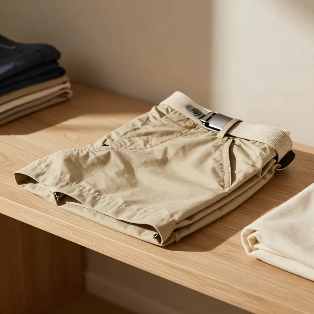 Sand chino shorts folded on a pale wooden bench with a canvas belt and rolled tee in warm soft light.