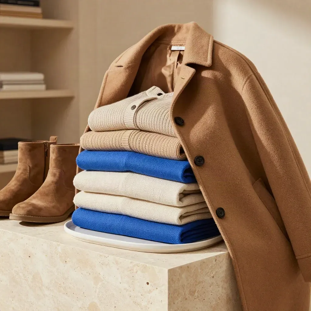 Folded coat, boots, knitwear, and home basics stacked on stone with a blue accent.