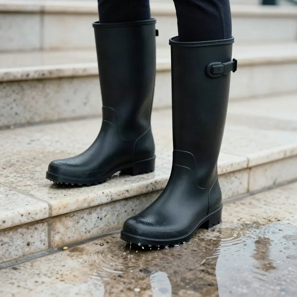 Matte-black rain boots splash in a shallow puddle on pale stone with cool rim light.